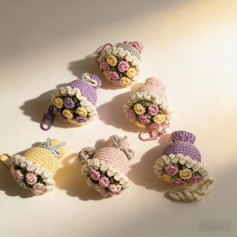K&ouml;nnte beinhalten: Eine Sammlung handgefertigter H&auml;kel-Schl&uuml;sselanh&auml;nger in Form von Blumenstr&auml;u&szlig;en. Jeder Schl&uuml;sselanh&auml;nger hat ein anderes Farbschema, darunter Gelb, Rosa, Lila und Grau, mit pastellfarbenen Blumen. Die Schl&uuml;sselanh&auml;nger haben Metallverschl&uuml;sse.