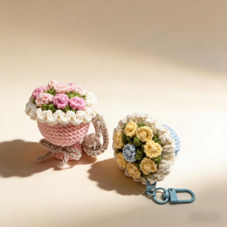 K&ouml;nnte beinhalten: Zwei geh&auml;kelte Blumenarrangements. Eines ist eine rosa Teetassenform mit rosa und rosafarbenen Blumen, einem wei&szlig;en, gewellten Rand und einer grauen Schleife. Das andere ist ein Strau&szlig; aus gelben, blauen und gr&uuml;nen Blumen mit einem blauen Schl&uuml;sselanh&auml;nger.