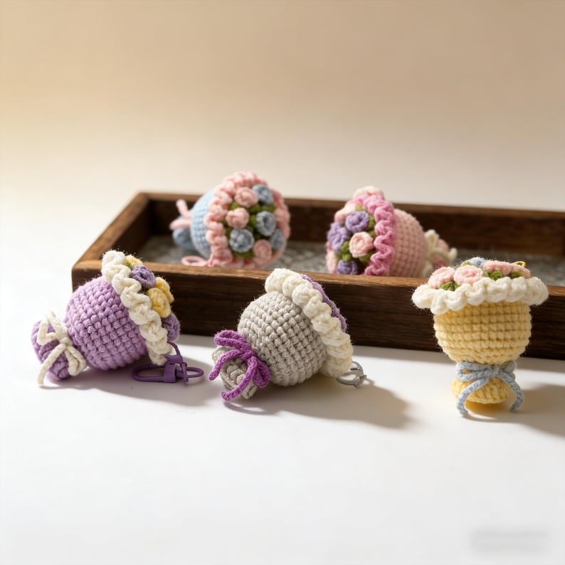 K&ouml;nnte beinhalten: Eine Sammlung handgefertigter geh&auml;kelter Schl&uuml;sselanh&auml;nger in Form von Blumenstr&auml;u&szlig;en. Die Miniaturstr&auml;u&szlig;e zeigen rosa, blaue, gelbe und lila Blumen mit wei&szlig;en und cremefarbenen Details. Jeder Strau&szlig; ist mit einem Band gebunden und hat einen Schl&uuml;sselanh&auml;ngerverschluss.