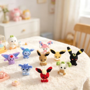 May include: A collection of small, handmade crochet figures inspired by various creatures, featuring diverse colors including pink, blue, brown, yellow, black, and red. Each figure has distinct ears, facial features, and textures crafted from yarn.