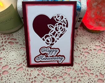 Anniversary Card (Heart Lace)(Dark Red)