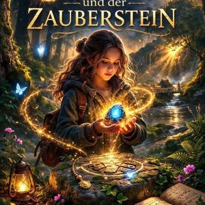 Puede incluir: Ilustración de la portada del libro "Mia und der Zauberstein" con una niña sosteniendo una gema azul brillante. El título es dorado, con un bosque y un castillo al fondo. Una linterna y un libro abierto están en primer plano.
