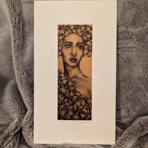 Art Print: The Blooming, woman with flowers drawing portrait,
