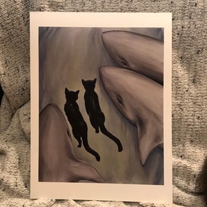 Art Print: Siam, Taiwan and the 3 Sharks ,Black Cat, Underwater, Zen