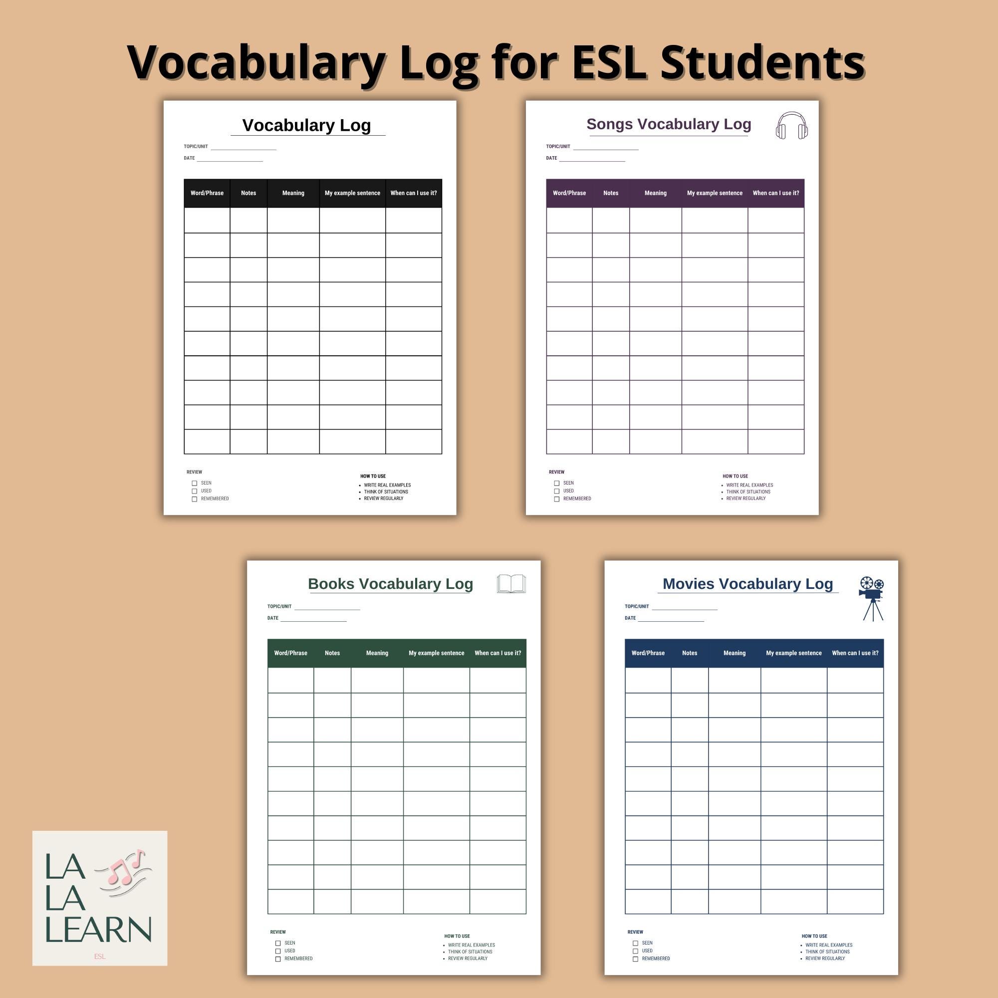 Vocabulary Log for ESL Students | Word Journal for Books, Songs ...