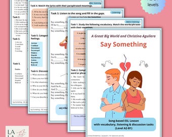 Say Something - ESL Song Lesson | Vocabulary, Listening & Discussion Printable Digital Download | A2-B1