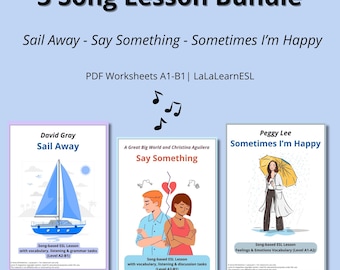 ESL Song Lesson Bundle (3 Printable Lessons) - Listening, Vocabulary & Speaking Worksheets (A1-B1)