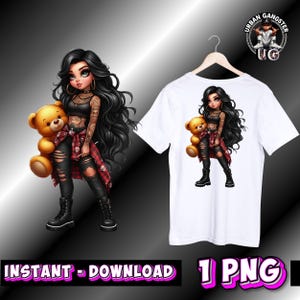 May include: White t-shirt with a graphic of a cartoon woman with tattoos, holding a teddy bear. The woman is wearing ripped black pants, a red plaid shirt, and black boots. The image also shows the same graphic as a standalone image.