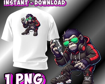 Urban Gorilla PNG, Rapper Monkey Street Art, Hip Hop Gorilla with Microphone, Gangster Animal PNG, Sublimation PNG