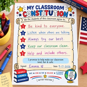 Constitution Day Classroom Activity, My Classroom Constitution Worksheet (PDF PNG)