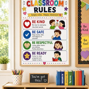 Klassenregeln-Übersicht zum Ausdrucken, Lehrerposter für Kinder, 8,5 x 11 Zoll (PDF & PNG)