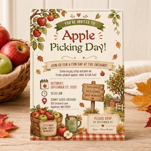 May include: An invitation card for an Apple Picking Day event on September 27, 2025, at Sunny Acres Orchard in Appleton, MA. The design features illustrations of red apples, a basket, a wooden sign, and a barn, with text details for RSVP.