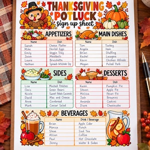 May include: A Thanksgiving Potluck sign up sheet on a clipboard with sections for Appetizers, Main Dishes, Sides, Desserts, and Beverages. The document features colorful illustrations of a turkey, pumpkins, autumn leaves, and food items.