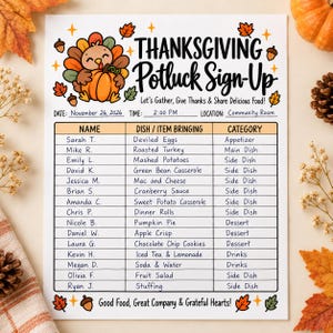May include: A Thanksgiving Potluck Sign-Up sheet featuring a cartoon turkey holding a pumpkin, with text including Date: November 26, 2026, Time: 2:00 PM, Location: Community Room, and a table listing names, dishes, and categories, ending with Good Food, Great Company & Grateful Hearts!