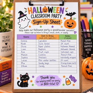 Puede incluir: Una hoja de registro para una fiesta de Halloween en el aula sobre un portapapeles de madera. El documento presenta ilustraciones de un fantasma, una calabaza y un gato negro. Incluye columnas para nombres, artículos a traer y notas, con el texto Halloween Classroom Party Sign-Up Sheet y Thank you for helping make our party so BOO-tiful.