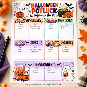 May include: A Halloween potluck sign-up sheet featuring colorful headers for Appetizers, Main Dishes, Sides, Desserts, and Beverages. The paper includes illustrations of ghosts, pumpkins, bats, and spiders, with sample names and food entries written in the columns.