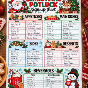 May include: A Christmas Potluck sign up sheet featuring colorful illustrations of Santa Claus, a reindeer, a snowman, and holiday treats. The document is organized into sections for Appetizers, Main Dishes, Sides, Desserts, and Beverages with columns for names and food items.