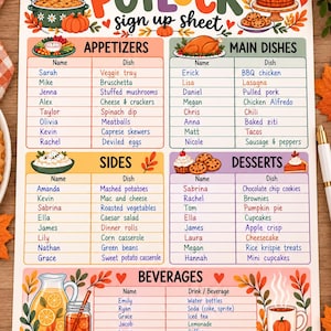 Op de afbeelding: Een geprint aanmeldformulier voor een potluck met kleurrijke herfstillustraties van eten en bladeren. Het document is ingedeeld in secties voor hapjes, hoofdgerechten, bijgerechten, desserts en drankjes, elk met kolommen voor namen en gerechten.
