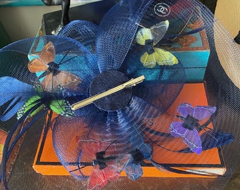 Gorgeous Rare VINTAGE Kentucky Derby Day Hat Flowers Butterflies Blue Floral Gorgeous Rare Gem VINTAGE Derby Day Hat Flowers Butterflies  main image 4