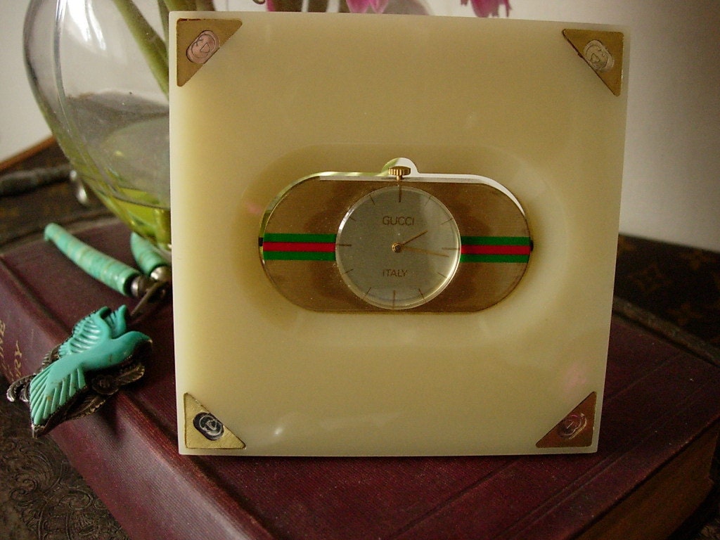 Ultra Rare Vintage Gucci Lucite And Brass Desk Clock Accessory Home Decor Interior Decorating Handsome