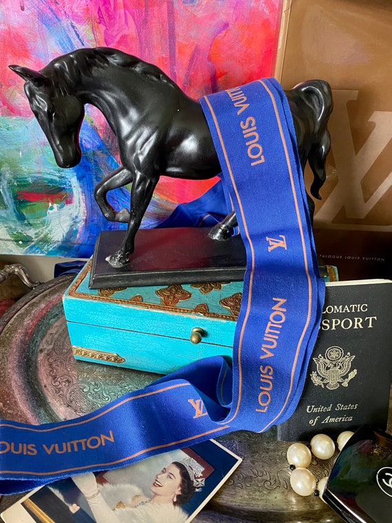 Rare Vintage LOUIS VUITTON Wide Blue / Gold Gift RIBBON