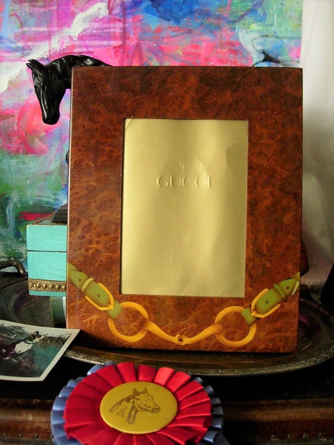 ✨入手困難✨ GUCCI フォトフレーム 希少 ヴィンテージ イタリア製 OLD SALE Ultra RARE Vintage Authentic GUCCI Burl Wood Frame Horse Bit