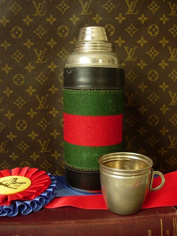 SALE Handsome Rare Vintage GUCCI Thermos W/navy Red Webbing 