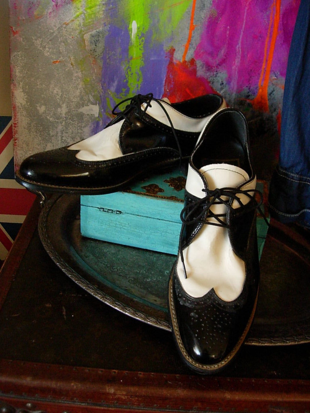 SALE Handsome Rare Authentic Vintage Spectator STACY ADAMS Black White Patent Leather Unisex Lace Dress Shoes Wardrobe Accessory Fashion Etsy