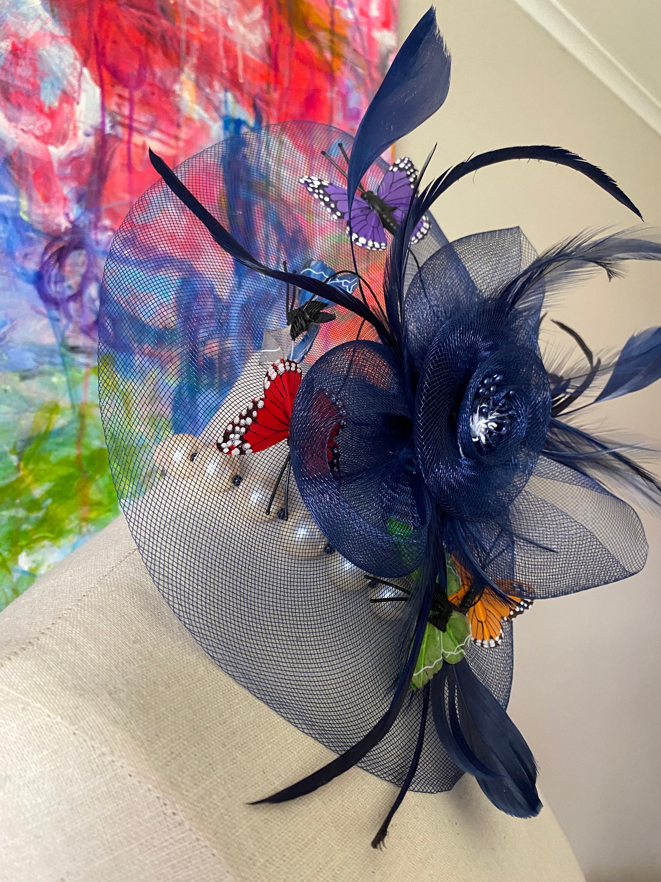 Gorgeous Rare Gem VINTAGE Derby Day Hat Flowers Butterflies  display picture 3