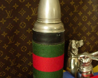 SALE Handsome Rare Vintage GUCCI Thermos w/Navy Red Webbing Barware Bar Cart Travel Library Sports Designer Luxury Decor Set Decoration