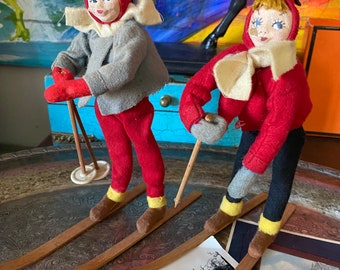 Rare Vintage German Handmade Skier Set of 2 Skiers Christmas Holiday Decor Decoration Snow Village Figurines Felt Spun Cotton 1940's