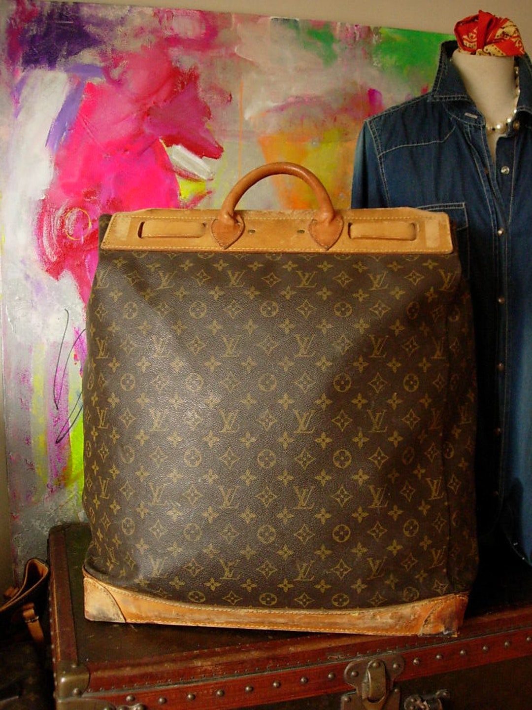 Bag Steamer Bag Leather and Monogram Canvas