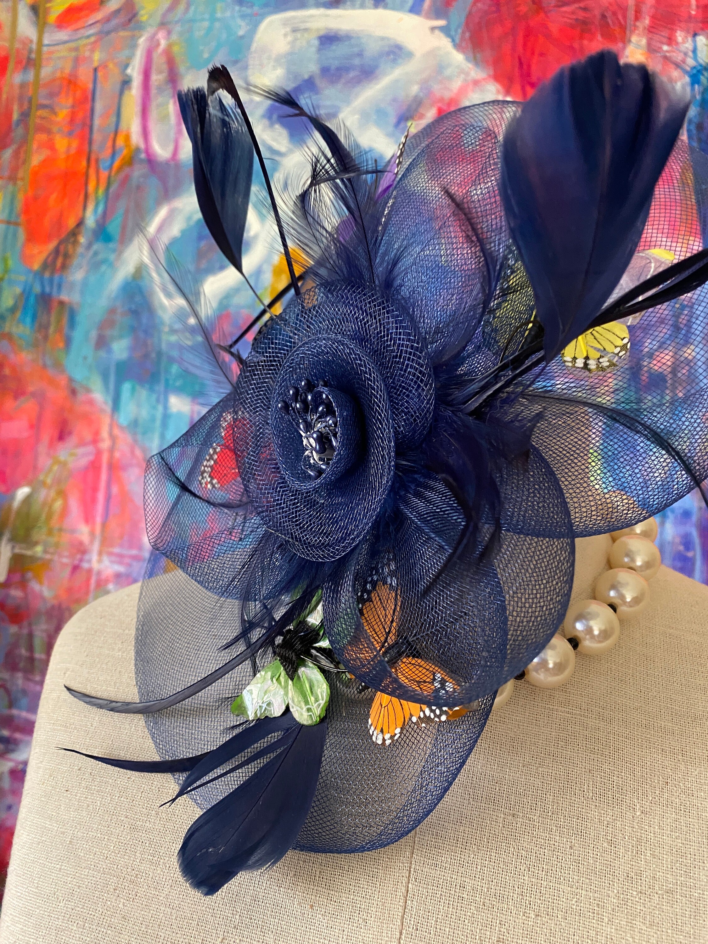 Gorgeous Rare Gem VINTAGE Derby Day Hat Flowers Butterflies  display picture 2