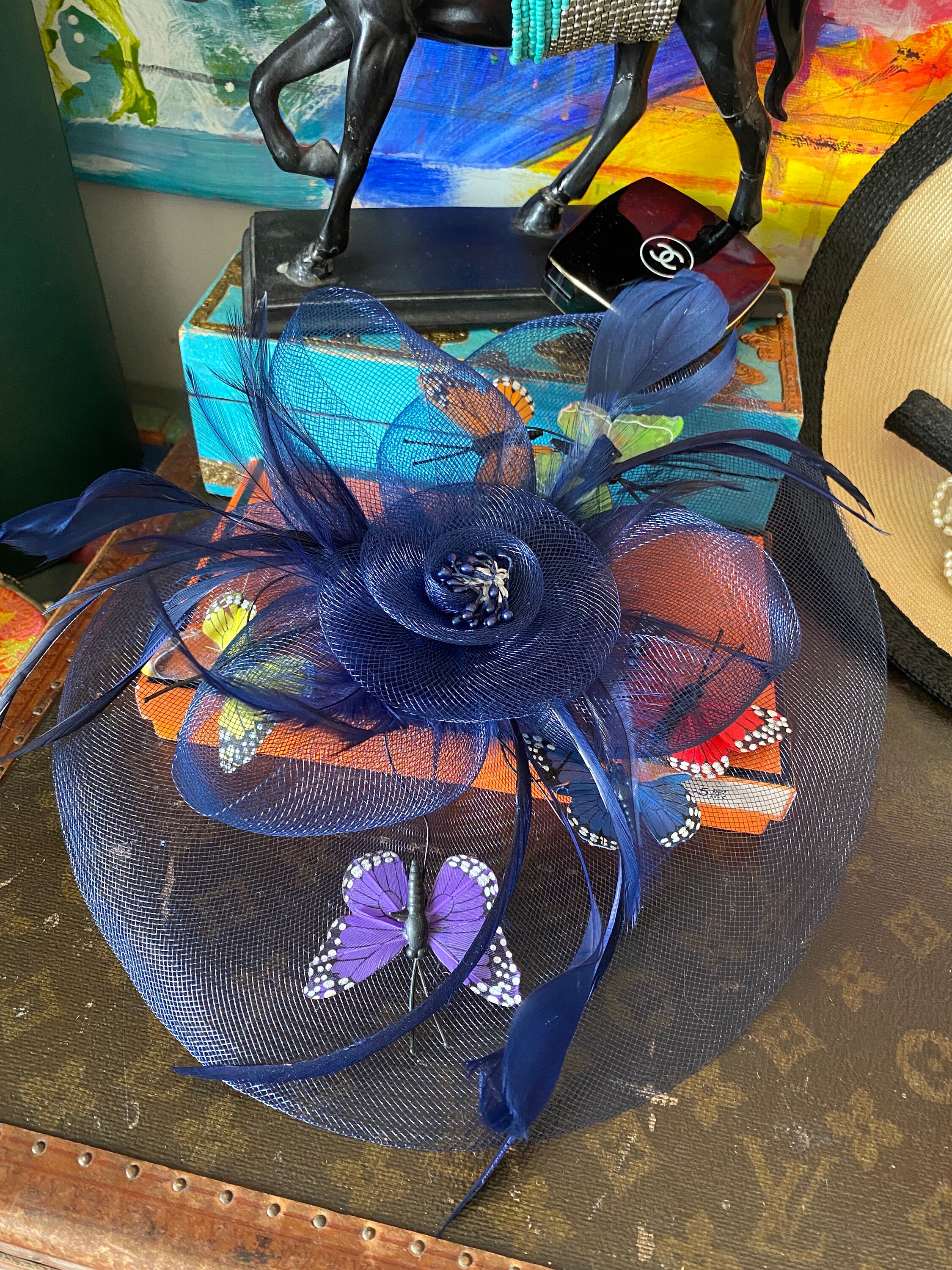 Gorgeous Rare Gem VINTAGE Derby Day Hat Flowers Butterflies  display picture 1