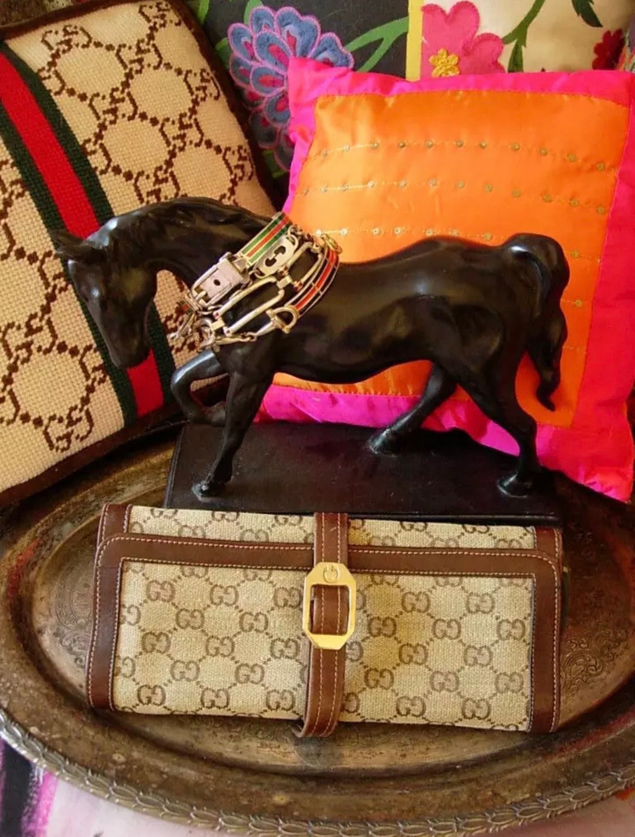 小物 Gucci Vintage Jewelry Case Gold 1980s Gucci Gold Plated Box w Red & Green Signature Stripe – Modig