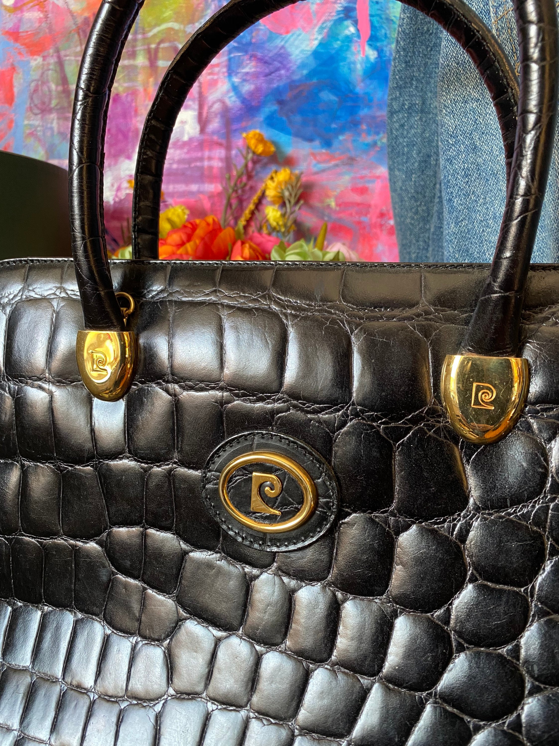 Gorgeous Rare Vintage PIERRE CARDIN Black Croc Embossed Leather