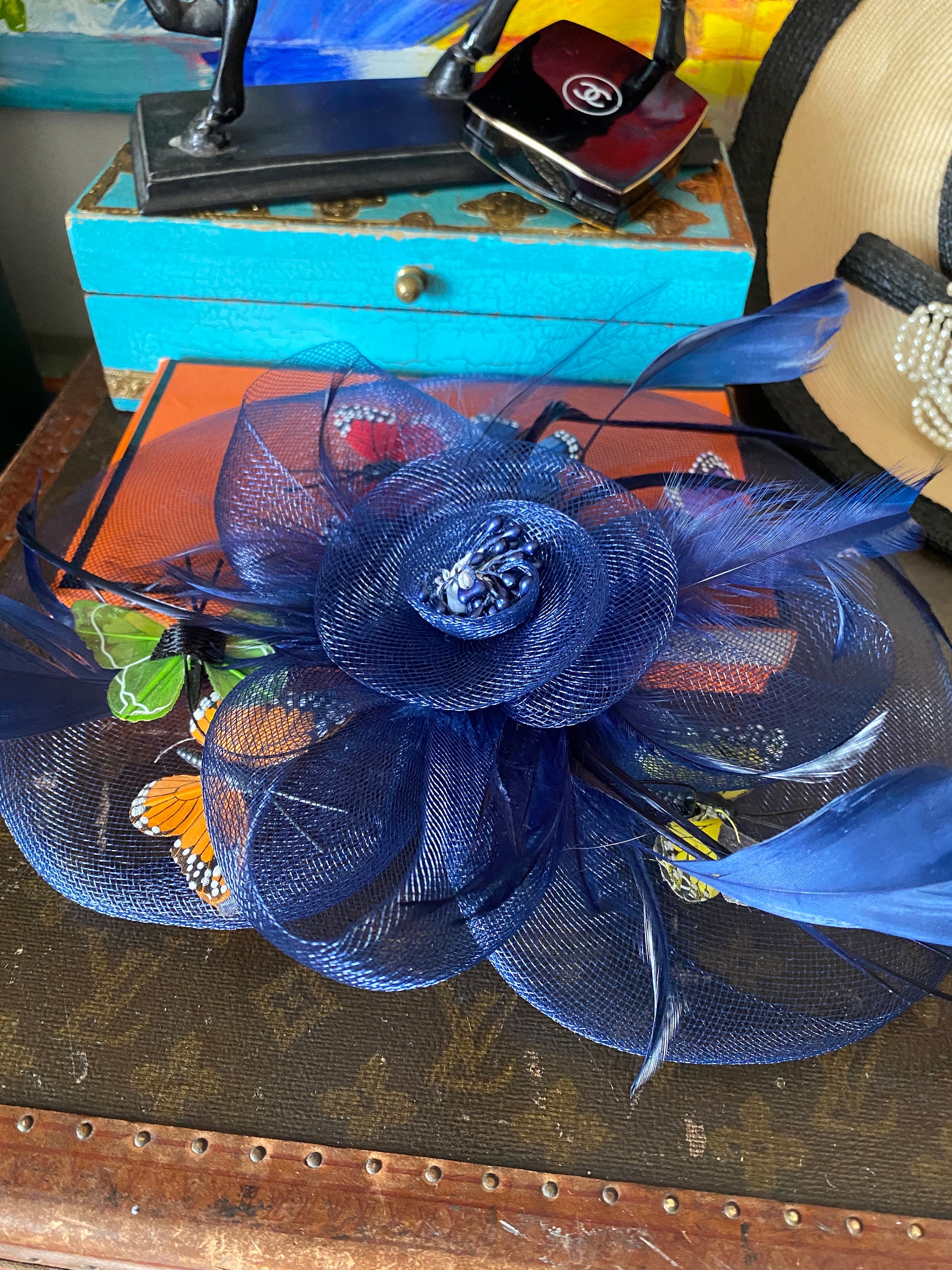 Gorgeous Rare VINTAGE Kentucky Derby Day Hat Flowers Butterflies Blue Floral Hat Haven Millinery - Kentucky Derby Hats and Fascinators  main image 4