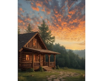 May include: A rustic cabin print featuring a wooden cabin with a porch, set against a vibrant sunset sky. The cabin is surrounded by trees and a stone path, creating a serene landscape scene.