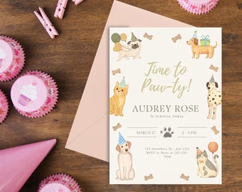 May include: A party invitation with the text "Time to Paw-ty!" featuring illustrations of dogs and cats. The invitation is surrounded by pink cupcake liners, clothespins, and a party hat.