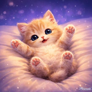 Op de afbeelding: Een schattig, pluizig oranje katje met blauwe ogen en roze pootjes ligt op zijn rug, pootjes omhoog. Het katje ligt op een zacht, wit oppervlak met een paarse en witte achtergrond. Het katje glimlacht.