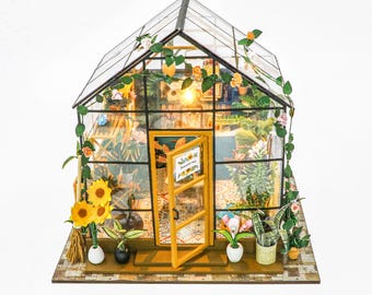 DIY Miniature Dollhouse Kit Sunshine Flower House LED Greenhouse 3D Puzzle Gift
