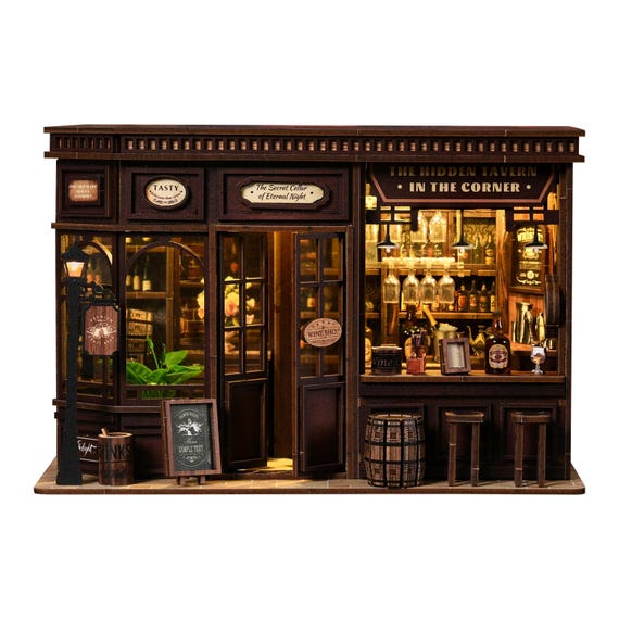 DIY Book Nook Kit Corner Tavern, Miniature Pub Diorama, 3D Wooden Puzzle, Bookshelf Insert with LED Light, Adult Craft Gift for Men Dad