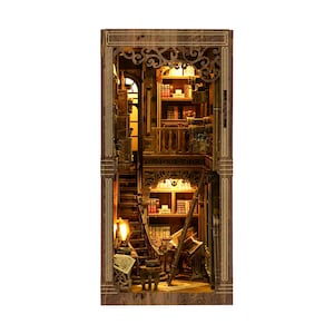 May include: A miniature wooden library diorama with intricate details. The interior features bookshelves, a staircase, and a reading area, all illuminated by warm lighting. The diorama is a detailed model of a classic library.