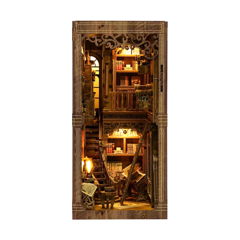 May include: A miniature wooden library diorama with intricate details. The interior features bookshelves, a staircase, and a reading area, all illuminated by warm lighting. The diorama is a detailed model of a classic library.