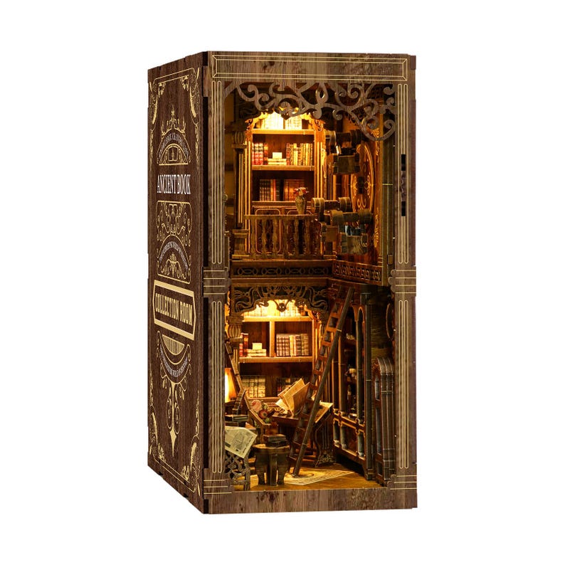 May include: A wooden miniature bookshelf model with an interior library scene. The model is brown with intricate details, including a ladder, books, and a balcony. The text "ANCIENT BOOK" and "COLLECTION ROOM" is visible on the side.