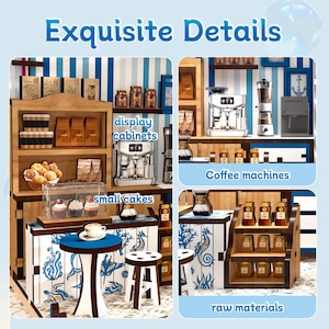 DIY Book Nook Kit Santorini Coffee Shop, Miniature Dollhouse with LED Light, 3D Wooden Puzzle, Bookshelf Insert Decor, Craft Gift image 4