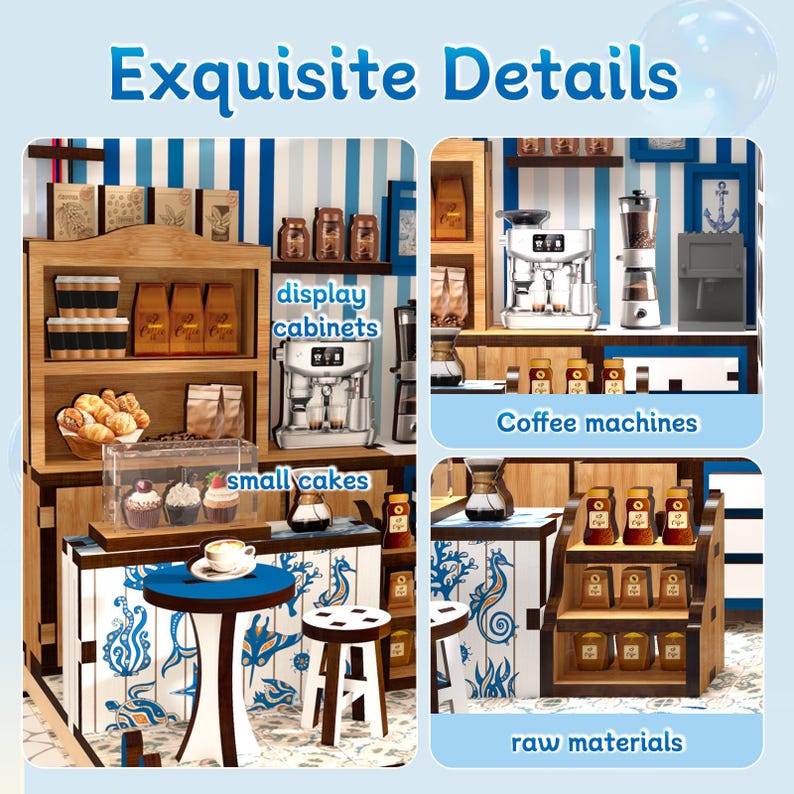 DIY Book Nook Kit Santorini Coffee Shop, Miniature Dollhouse with LED Light, 3D Wooden Puzzle, Bookshelf Insert Decor, Craft Gift image 4
