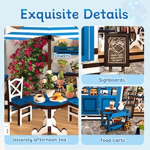 DIY Book Nook Kit Santorini Coffee Shop, Miniature Dollhouse with LED Light, 3D Wooden Puzzle, Bookshelf Insert Decor, Craft Gift image 5