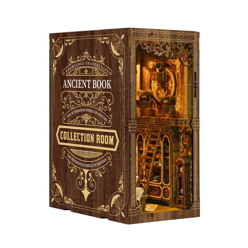 May include: A wooden Ancient Book Collection Room model with intricate details. The front cover reads "Ancient Book" and "Collection Room" with decorative gold accents. The interior features a detailed room with a ladder and illuminated elements.