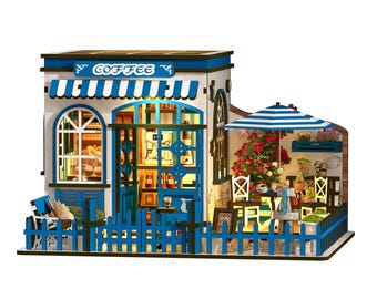 DIY Book Nook Kit Santorini Coffee Shop, Miniature Dollhouse with LED Light, 3D Wooden Puzzle, Bookshelf Insert Decor, Craft Gift